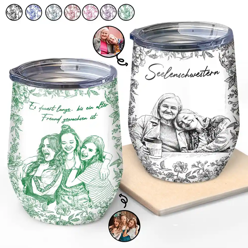 Gift For Sisters,Gift For Sibling,Gift For Bestie,Old Best friends,Gift For Women, Photo - Pencil Sketch - Eigenes Foto Als Bleistiftskizze Wahre Freundschaft Ist Eine Reise Ohne Ende - Personalisierter Wein-Thermobecher