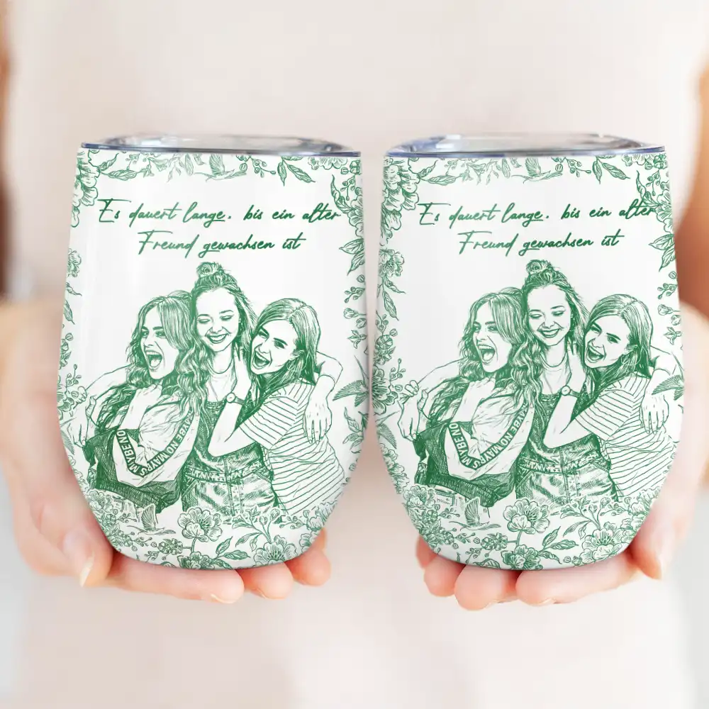 Gift For Sisters,Gift For Sibling,Gift For Bestie,Old Best friends,Gift For Women, Photo - Pencil Sketch - Eigenes Foto Als Bleistiftskizze Wahre Freundschaft Ist Eine Reise Ohne Ende - Personalisierter Wein-Thermobecher