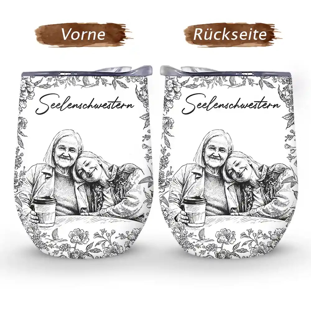 Gift For Sisters,Gift For Sibling,Gift For Bestie,Old Best friends,Gift For Women, Photo - Pencil Sketch - Eigenes Foto Als Bleistiftskizze Wahre Freundschaft Ist Eine Reise Ohne Ende - Personalisierter Wein-Thermobecher