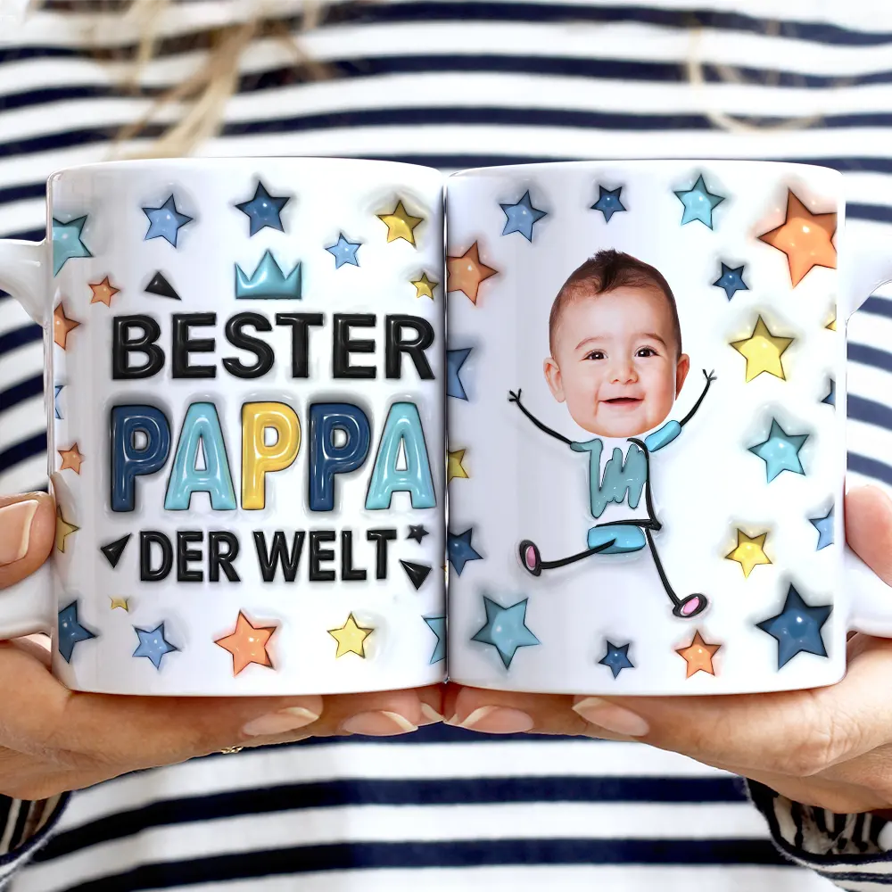 Gift For Father - Eigenes Foto Bester Papa Opa Der Welt Mit 3D-Puffy-Effekt - Personalisierte Weiße Tasse Mit Rundumdruck