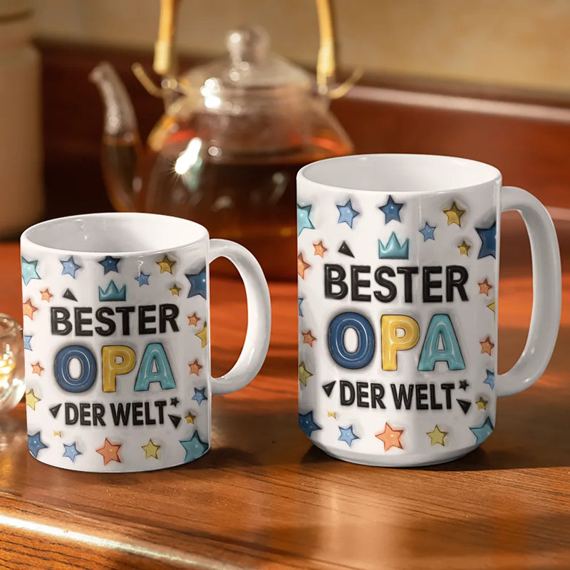 Gift For Father - Eigenes Foto Bester Papa Opa Der Welt Mit 3D-Puffy-Effekt - Personalisierte Weiße Tasse Mit Rundumdruck