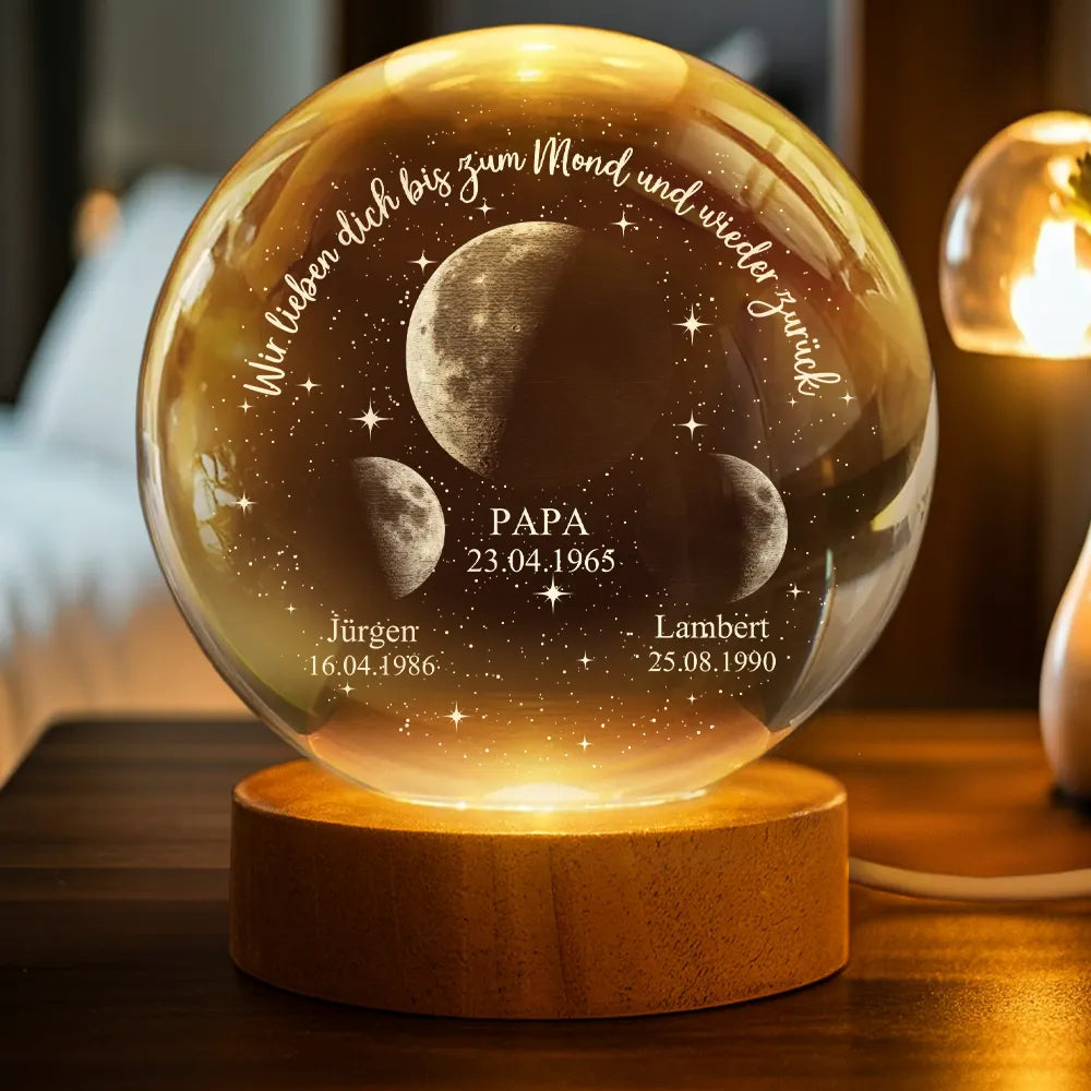 Mondphase Wir Lieben Dich Bis Zum Mond Und Wieder Zurück - Personalisierte Kristall-Kugellampe