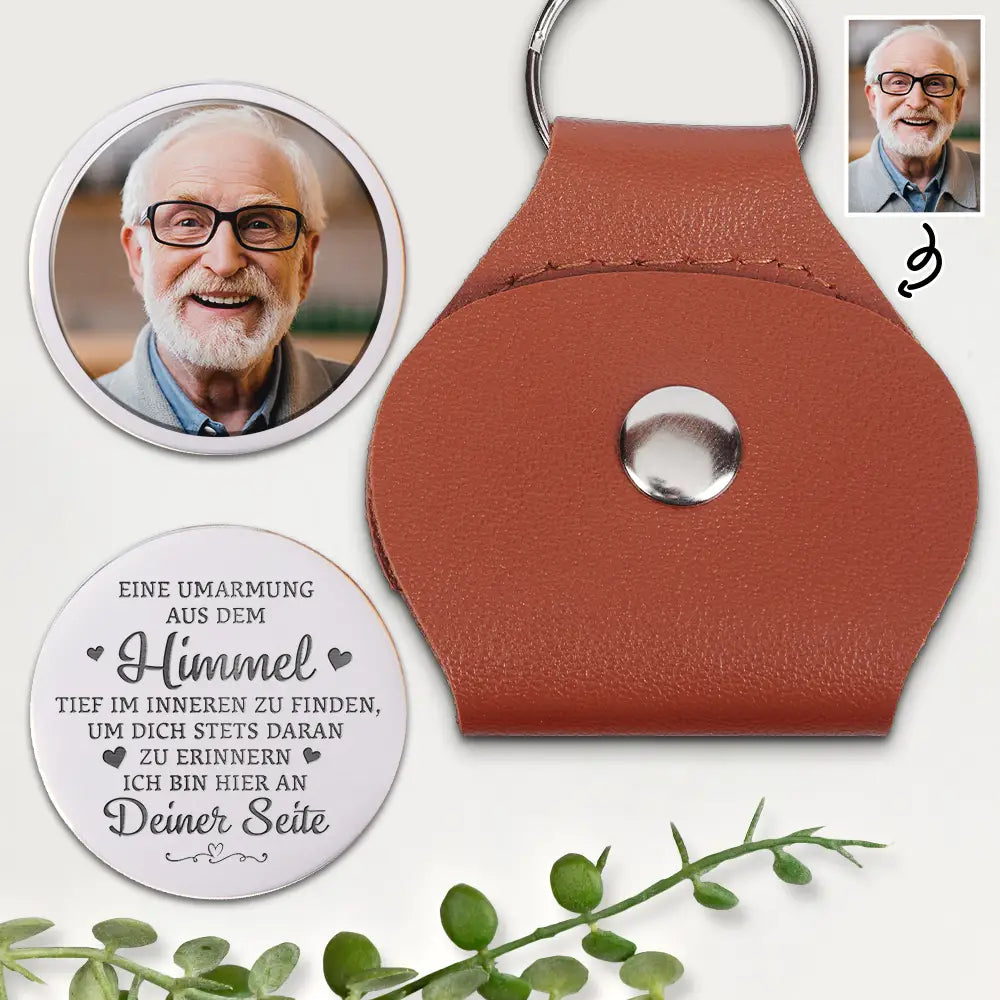 Memorial, Gift For Father - Eigenes Foto Ich Bin Hier An Deiner Seite - Personalisierter Pocket Hug Leder Schlüsselanhänger