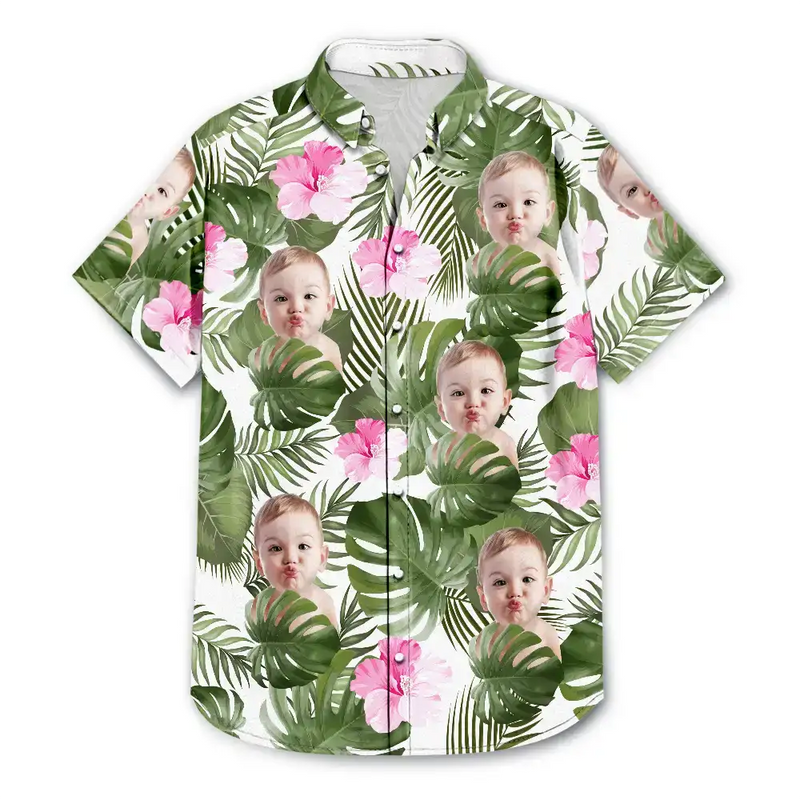 Custom Photo,Beach,German,Summer,Non-Eng,Dog Lovers,Pet Lovers,Playful,Cut-Face Photo,Icon - Eigenes Foto Lustige Gesichter Von Familie Und Haustieren - Personalisiertes Hawaiihemd