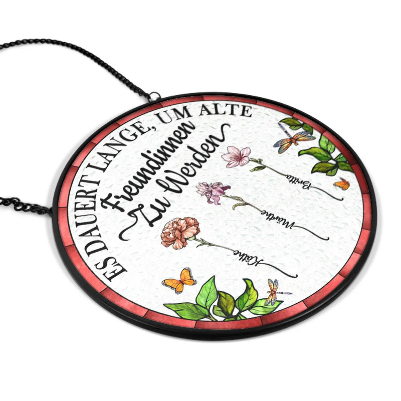 German,Summer,Non-Eng,Gift For Bestie,Sentimental,Icon - Geburtsblumen Ein Alter Freundin Gewachsen Ist - Personalisierter Buntglas-Fenster-Sonnenfänger Zum Aufhängen