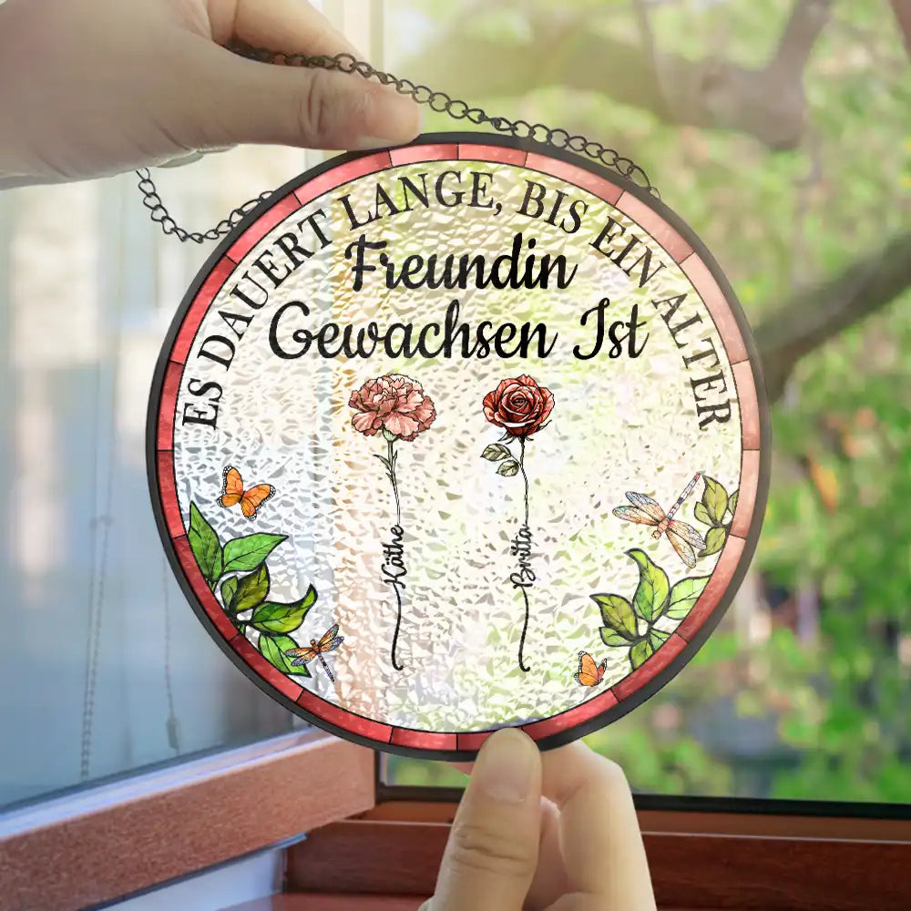 German,Summer,Non-Eng,Gift For Bestie,Sentimental,Icon - Geburtsblumen Ein Alter Freundin Gewachsen Ist - Personalisierter Buntglas-Fenster-Sonnenfänger Zum Aufhängen