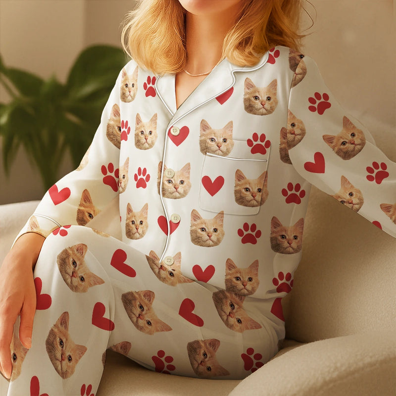 Gift For Yourself,Gift For Women,Gift For Men,Pet Lovers,Pet Mom,Pet Dad,Dog Lovers,Dog Mom,Dog Dad,Cat Lovers,Cat Mom,Cat Dad,Love,Custom Photo - Eigenes Foto Muster Mit Haustiergesichtern Und Herzen - Personalisiertes Satin-Pyjama-Set