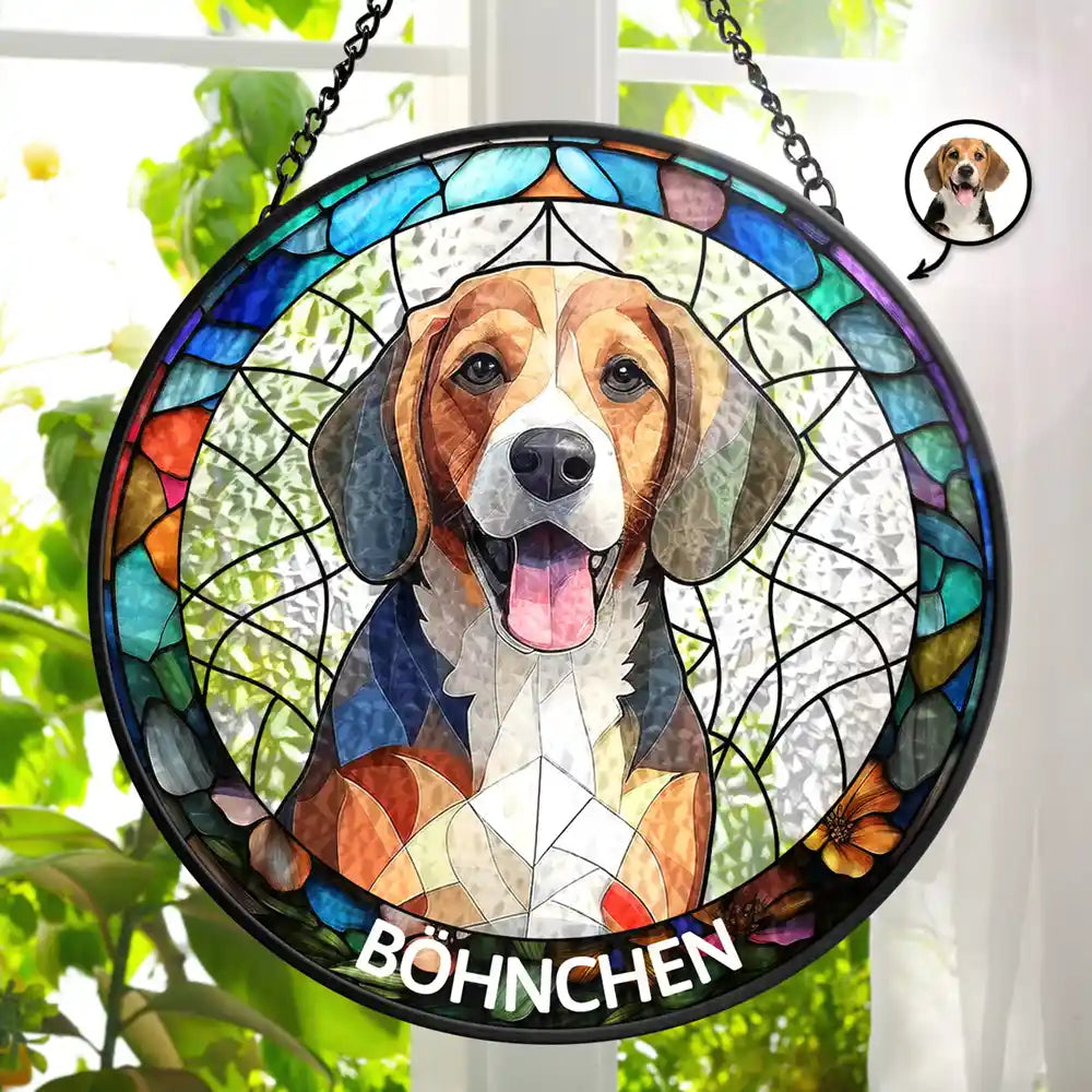Eigenes Foto Als Glasmalerei Porträt Von Familie Und Haustieren - Personalisierter Buntglas-Fenster-Sonnenfänger Zum Aufhängen