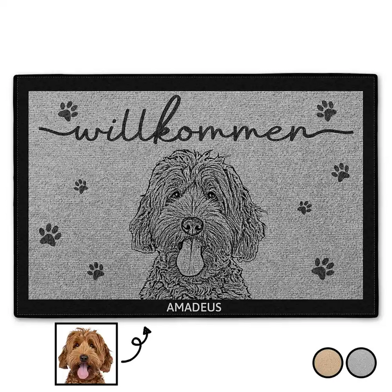 Pet Lovers,Pet Mom,Pet Dad,Pet Couple,Dog Lovers,Dog Mom,Dog Dad,Dog Couple,Cat Lovers,Cat Mom,Cat Couple,Cat Dad - Eigenes Foto Als Bleistiftskizze Willkommen Hund Und Katze Porträt - Personalisierte Fußmatte