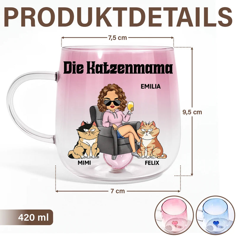 Cat Lovers,Cat Mom,Cat Dad,Happy,Non-Eng,Gift For Women,Gift For Men - Die Katzenmama - Personalisierte Farbverlauf Glastasse