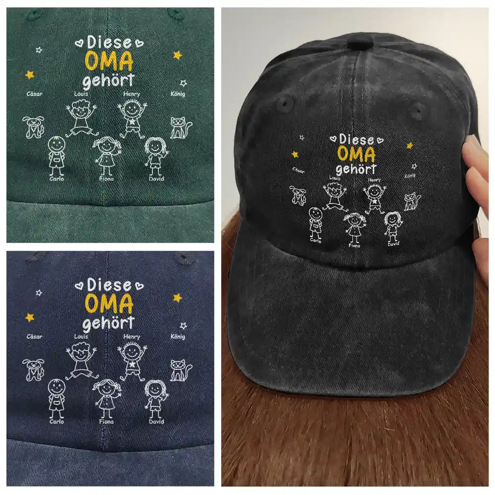 Gift For Husband,Gift For Yourself,Gift For Men,Parents,Gift For Grandpa,Gift For Father,Love,German - Dieser Opa Und Papa Gehört Den Kindern - Personalisierte Vintage-Washed-Denim-Kappe