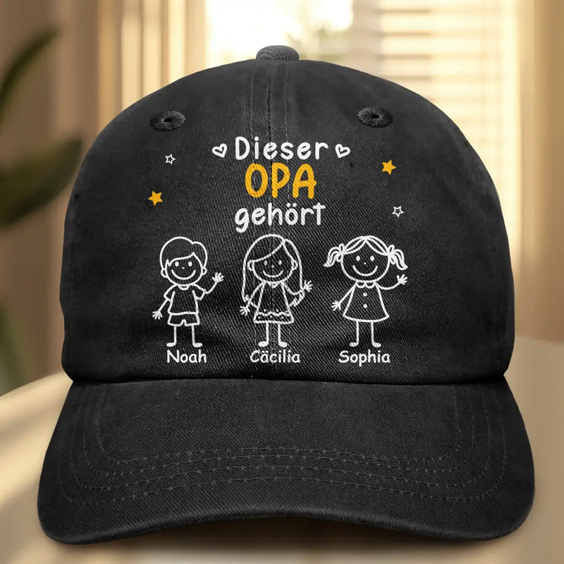 Gift For Husband,Gift For Yourself,Gift For Men,Parents,Gift For Grandpa,Gift For Father,Love,German - Dieser Opa Und Papa Gehört Den Kindern - Personalisierte Vintage-Washed-Denim-Kappe
