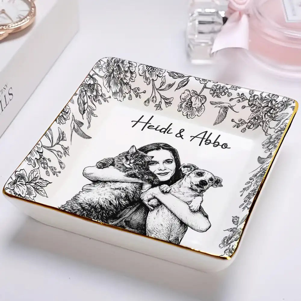 Pet Lovers,Pet Mom,Dog Mom,Dog Lovers,Cat Lovers,Cat Mom,Custom Photo,Love - Eigenes Foto Als Bleistiftskizze Haustierfoto - Personalisierte Schmuckschale