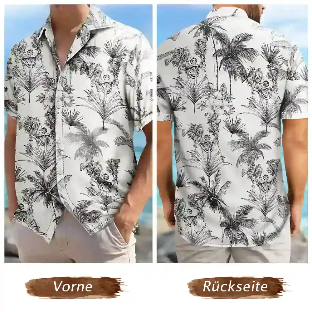 Gift For Couples,Gift For Wife,Gift For Women,Gift For Husband,Gift For Men,Gift For Boyfriend,Gift For Girlfriend,Gift For Yourself,Summer,Pet Lovers,Pet Dad,Pet Mom,Pet Couple - Eigenes Foto Als Bleistiftskizze Toile-de-Jouy-Muster für Familie Und Haustier - Personalisiertes Hawaiihemd