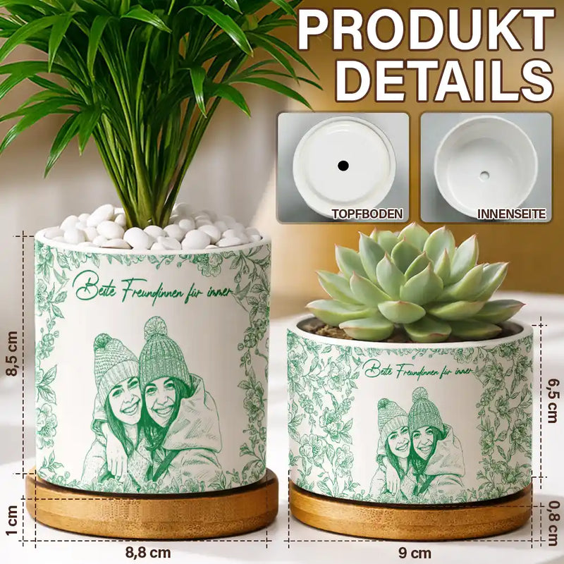 Gift For Sisters,Gift For Sibling,Gift For Bestie,Old Best friends,Gift For Women - Eigenes Foto Als Bleistiftskizze Wahre Freundschaft Ist Eine Reise Ohne Ende - Personalisierter Keramik-Blumentopf