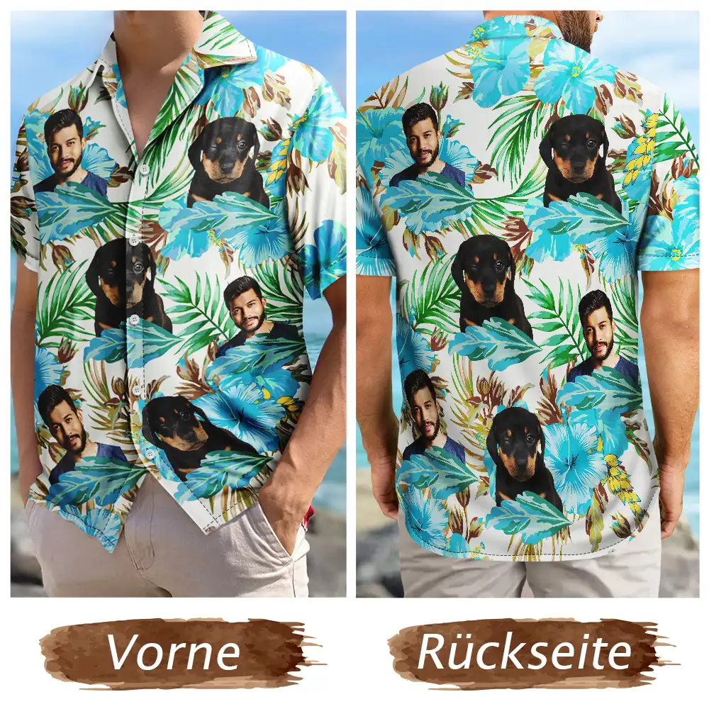 Custom Photo,Beach,German,Summer,Pet Lovers,Non-Eng,Playful,Cut-Face Photo - Eigenes Foto Gesichter Von Männer, Frauen Und Haustieren - Personalisiertes Hawaiihemd