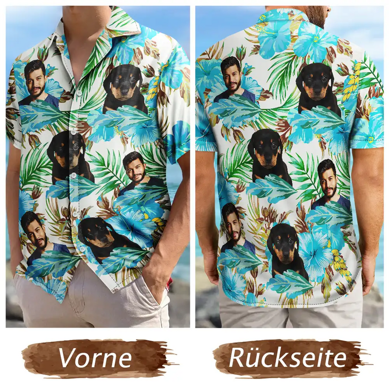 Custom Photo,Beach,German,Summer,Pet Lovers,Non-Eng,Playful,Cut-Face Photo - Eigenes Foto Gesichter Von Männer, Frauen Und Haustieren - Personalisiertes Hawaiihemd