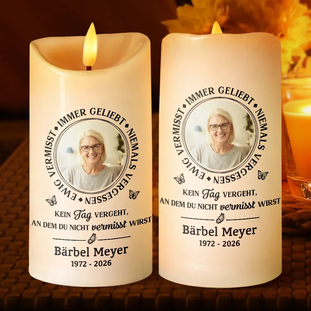 Memorial, Family - Eigenes Foto Immer Geliebt Niemals Vergessen - Personalisierte Flammenlose LED-Kerzen