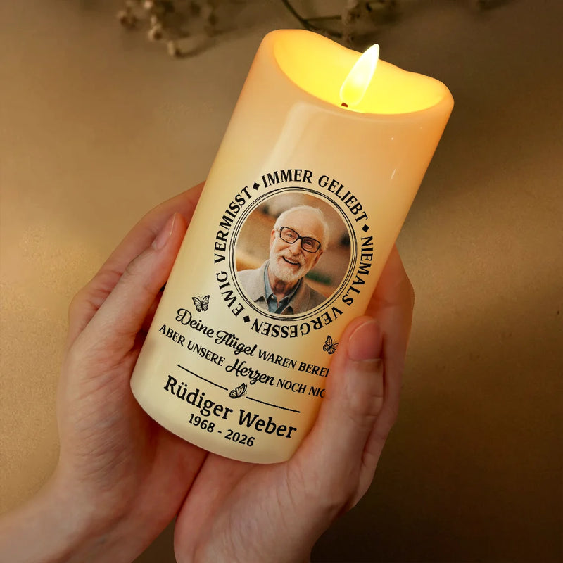 Memorial, Family - Eigenes Foto Immer Geliebt Niemals Vergessen - Personalisierte Flammenlose LED-Kerzen