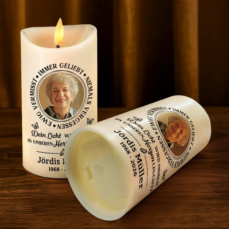 Memorial, Family - Eigenes Foto Immer Geliebt Niemals Vergessen - Personalisierte Flammenlose LED-Kerzen