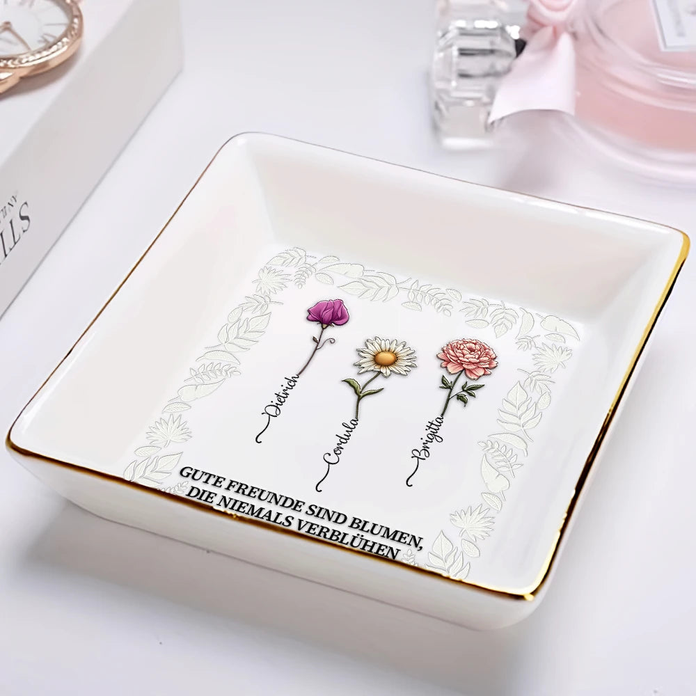Gift For Bestie, Old Best friends, Gift For Women - Geburtsblumen Alte Freunde Wachsen Lassen - Personalisierte Schmuckschale Quadratisch