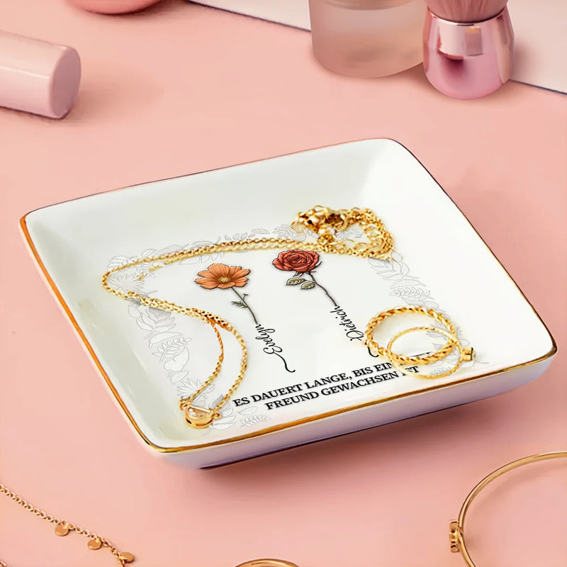 Gift For Bestie, Old Best friends, Gift For Women - Geburtsblumen Alte Freunde Wachsen Lassen - Personalisierte Schmuckschale Quadratisch