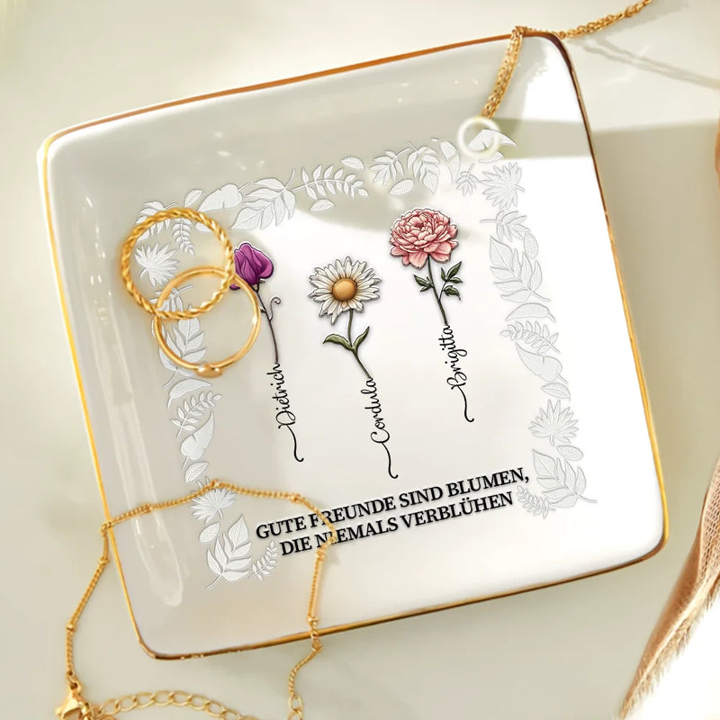 Gift For Bestie, Old Best friends, Gift For Women - Geburtsblumen Alte Freunde Wachsen Lassen - Personalisierte Schmuckschale Quadratisch