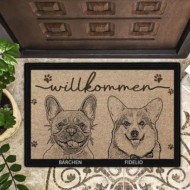 Pet Lovers,Pet Mom,Pet Dad,Pet Couple,Dog Lovers,Dog Mom,Dog Dad,Dog Couple,Cat Lovers,Cat Mom,Cat Couple,Cat Dad - Eigenes Foto Als Bleistiftskizze Willkommen Hund Und Katze Porträt - Personalisierte Fußmatte