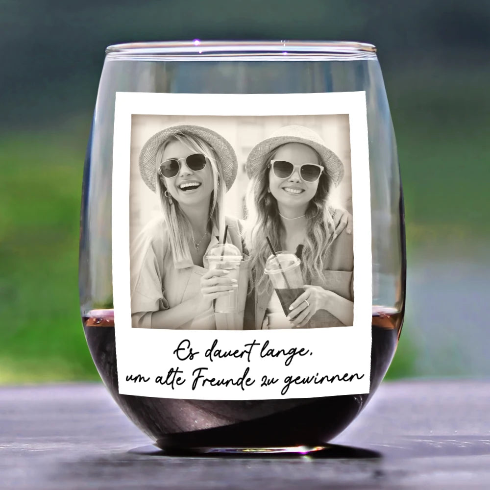 Gift For Bestie, Old Best friends, Gift For Women - Eigenes Foto Besties Grayscale Direkt In Den Hals Boxen - Personalisierte Weingläser Ohne Stiel