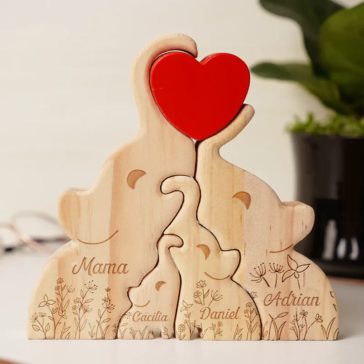 Elefantenfamilie - Liebevolles Geschenk Für Mama, Papa Und Familie - Personalisiertes Individuelles Form-Holzpuzzle