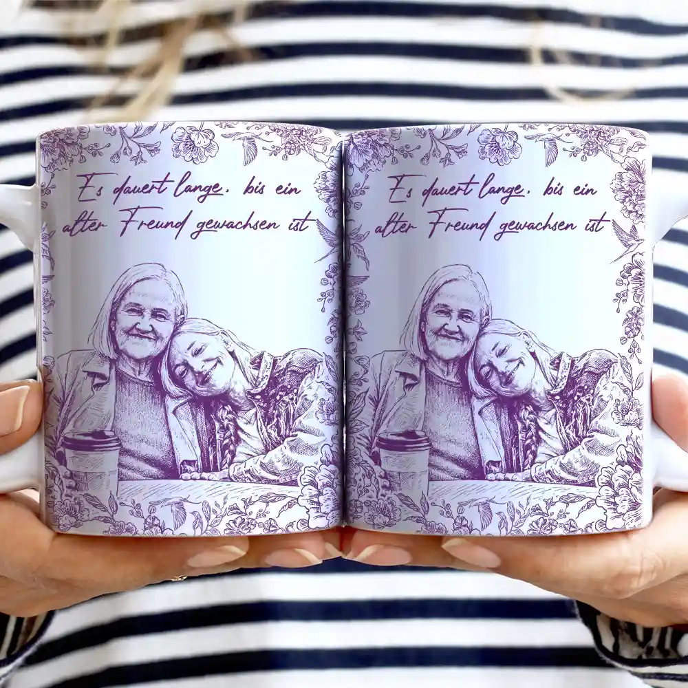 Gift For Sisters, Gift For Sibling, Gift For Bestie, Old Best friends, Gift For Women - Eigenes Foto Als Bleistiftskizze Wahre Freundschaft Ist Eine Reise Ohne Ende - Personalisierte Weiße Tasse Mit Rundumdruck