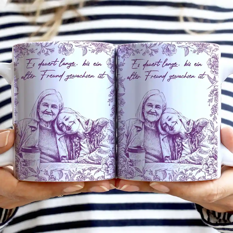 Gift For Sisters, Gift For Sibling, Gift For Bestie, Old Best friends, Gift For Women - Eigenes Foto Als Bleistiftskizze Wahre Freundschaft Ist Eine Reise Ohne Ende - Personalisierte Weiße Tasse Mit Rundumdruck