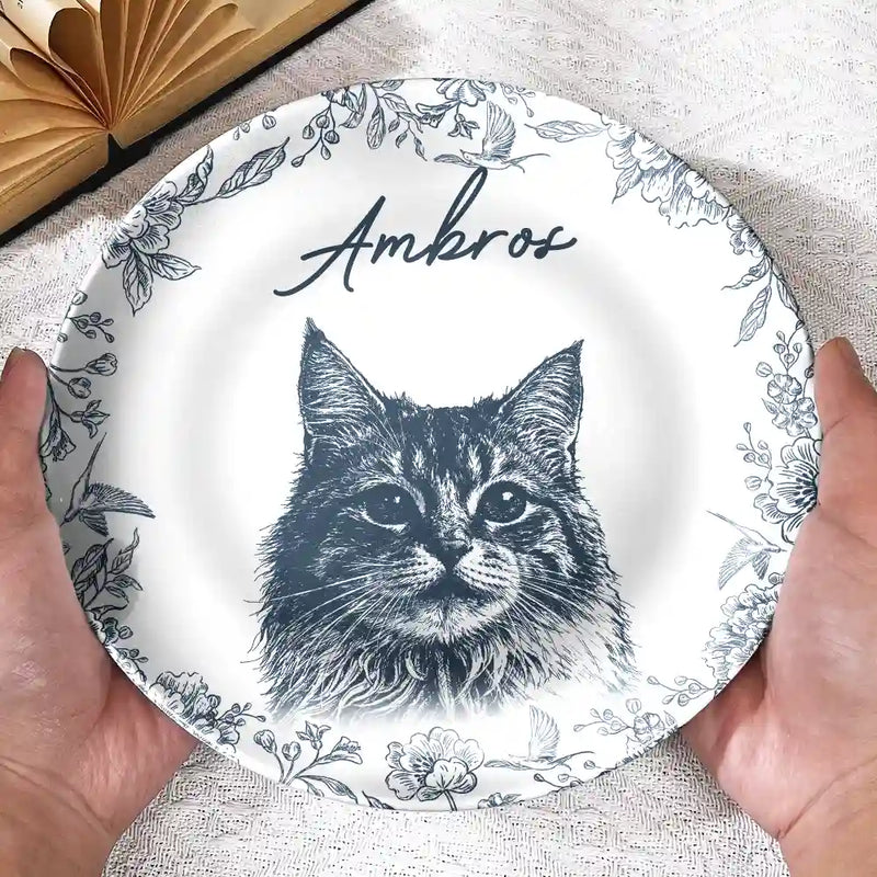 Pet Lovers,Pet Mom,Pet Dad,Pet Couple,Dog Dad,Dog Mom,Dog Lovers,Dog Couple,Cat Lovers,Cat Mom,Cat Couple,Cat Dad,Memorial - Eigenes Foto Als Bleistiftskizze Hund Und Katze Porträt - Personalisierter Keramik Teller