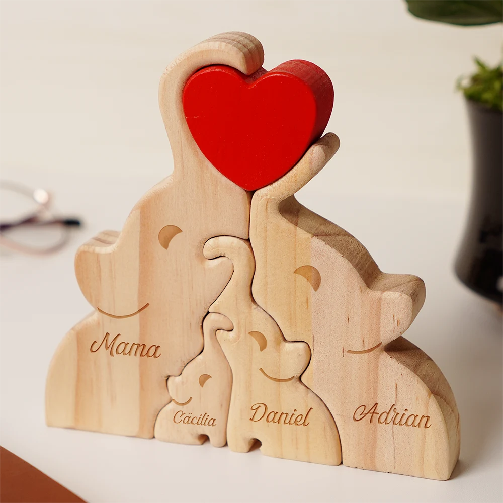 Elefantenfamilie - Liebevolles Geschenk Für Mama, Papa Und Familie - Personalisiertes Individuelles Form-Holzpuzzle