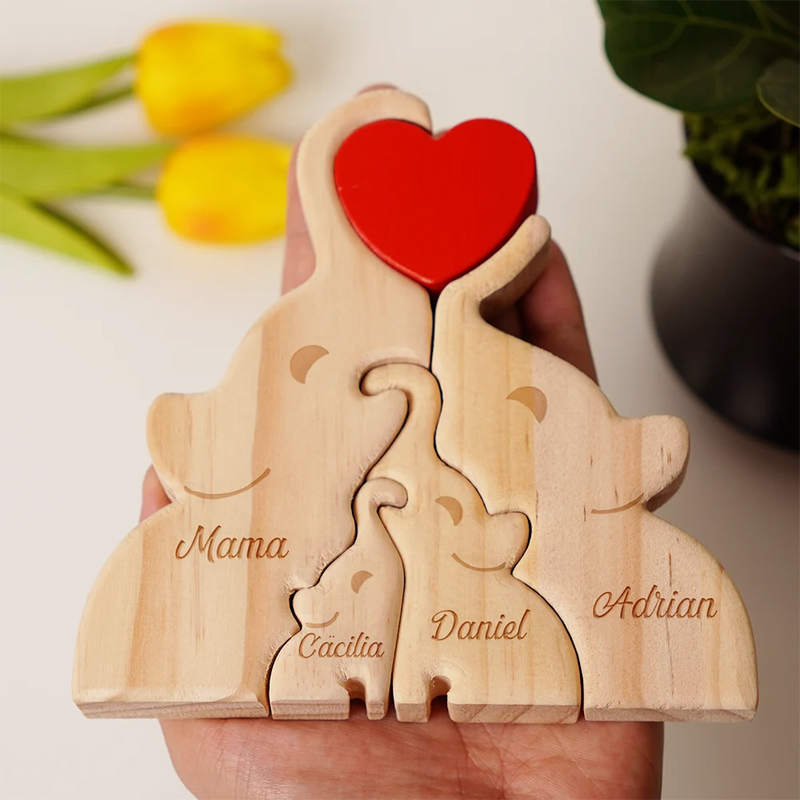 Elefantenfamilie - Liebevolles Geschenk Für Mama, Papa Und Familie - Personalisiertes Individuelles Form-Holzpuzzle