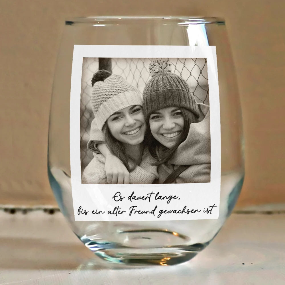 Gift For Bestie, Old Best friends, Gift For Women - Eigenes Foto Besties Grayscale Direkt In Den Hals Boxen - Personalisierte Weingläser Ohne Stiel
