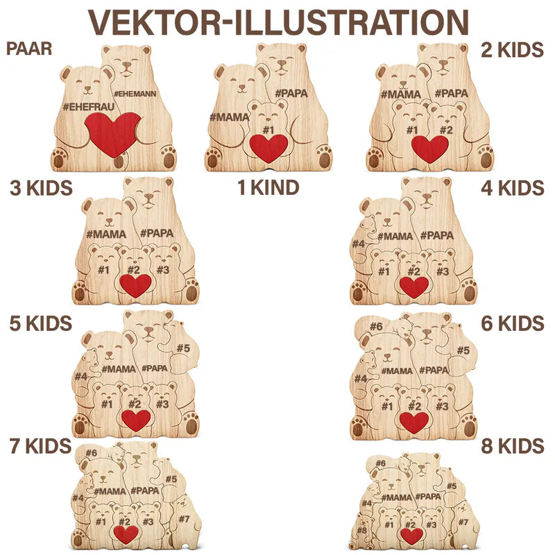 Bärenfamilie - Liebevolles Geschenk Für Papa Und Familie - Personalisiertes Individuelles Form-Holzpuzzle