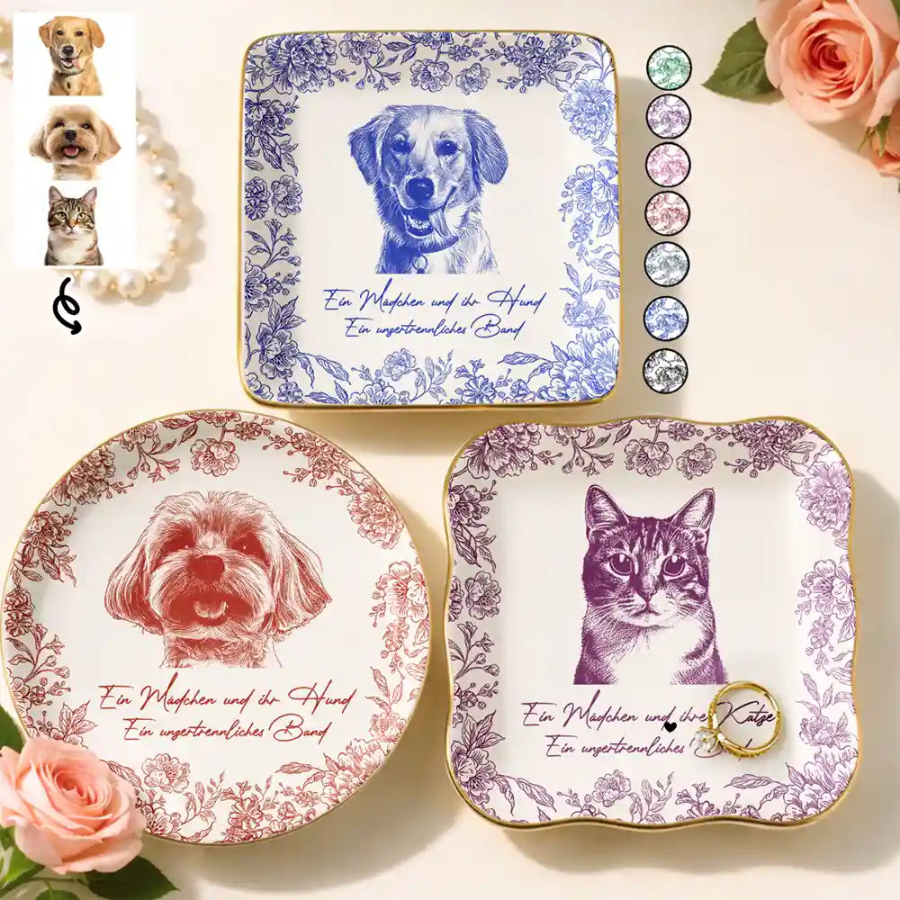 Pet Lovers,Pet Mom,Dog Lovers,Dog Mom,Cat Lovers,Cat Mom - Eigenes Foto Als Bleistiftskizze Mädchen mit Hund Und Katze - Personalisierte Schmuckschale