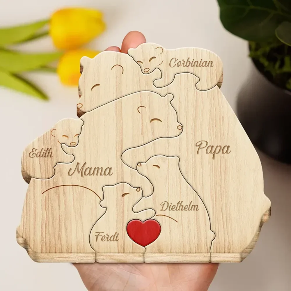 Family,Gift For Wife,Gift For Women,Gift For Husband,Gift For Mother,Gift For Father,Gift For Grandparents,Gift For Grandpa,Gift For Grandma,Parents,Gift For Men - Bärenfamilie - Liebevolles Geschenk Für Mama, Papa Und Familie - Personalisiertes Individuelles Form-Holzpuzzle
