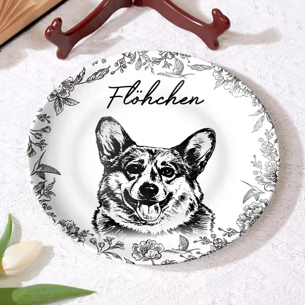 Pet Lovers,Pet Mom,Pet Dad,Pet Couple,Dog Dad,Dog Mom,Dog Lovers,Dog Couple,Cat Lovers,Cat Mom,Cat Couple,Cat Dad,Memorial - Eigenes Foto Als Bleistiftskizze Hund Und Katze Porträt - Personalisierter Keramik Teller