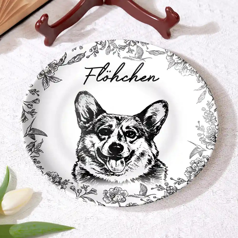 Pet Lovers,Pet Mom,Pet Dad,Pet Couple,Dog Dad,Dog Mom,Dog Lovers,Dog Couple,Cat Lovers,Cat Mom,Cat Couple,Cat Dad,Memorial - Eigenes Foto Als Bleistiftskizze Hund Und Katze Porträt - Personalisierter Keramik Teller