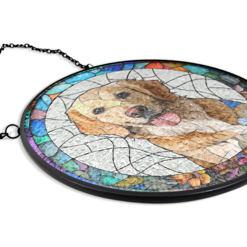 Pet Lovers,Pet Mom,Pet Dad,Family,Dog Lovers,Cat Lovers,Memorial,Gift For Women,Gift For Men,Gift For Grandpa,Gift For Grandma,Gift For Grandparents,Parents - Eigenes Foto Als Glasmalerei Porträt Von Familie Und Haustieren - Personalisierter Buntglas-Fenster-Sonnenfänger Zum Aufhängen