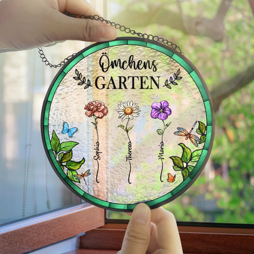 Gift For Wife,Gift For Yourself,Gift For Women,Gift For Mother,Gift For Grandma,Love - Omas Mamas Garten - Personalisierter Buntglas-Fenster-Sonnenfänger Zum Aufhängen